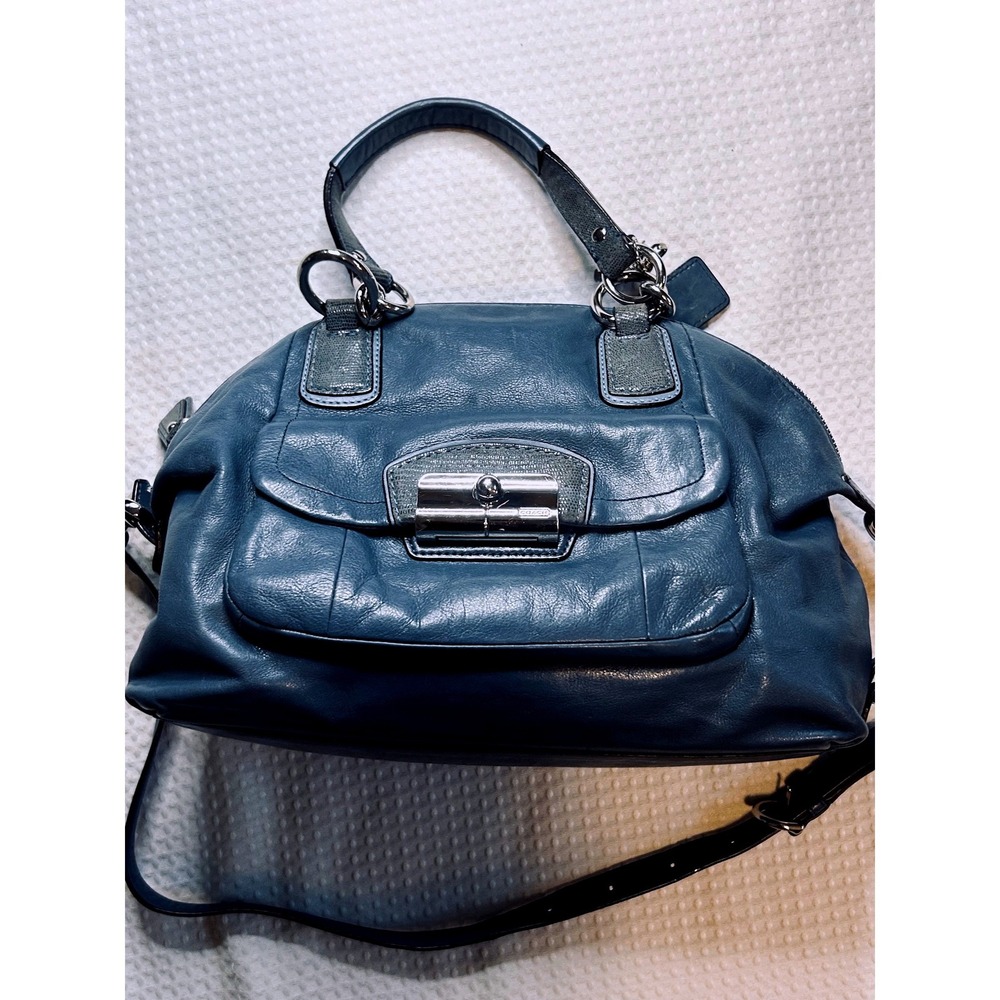 Coach Kristin Sage Teal Leather Satchel Crossbody Bag 19296 Blue Lizard Trim